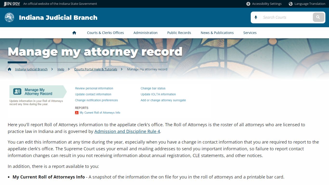 Indiana Judicial Branch: Manage my attorney record - Courts
